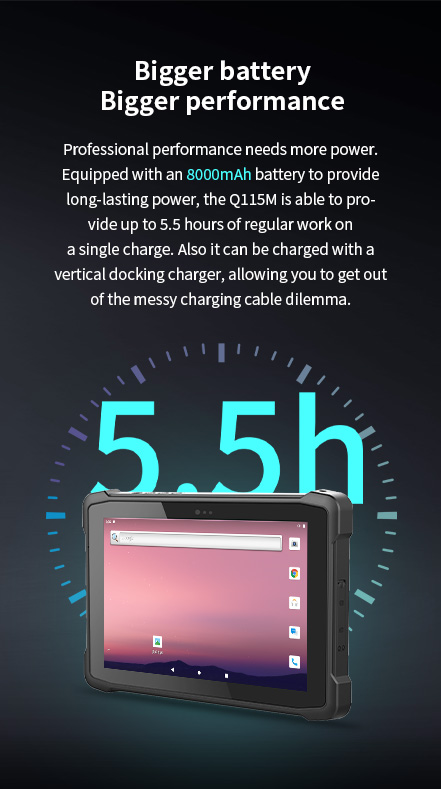 Q115M with 8000mAh battery for up to 5.5 hours work, offering professional performance and vertical docking charger for cable-free charging.