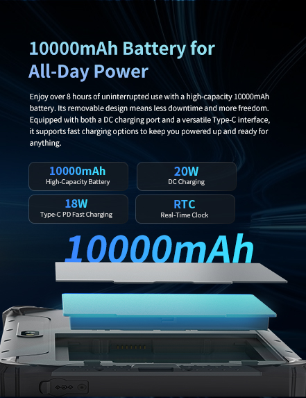 Enjoy over 8 hours ofuninterrupted use with a high-capacity 10000mAh battery.
