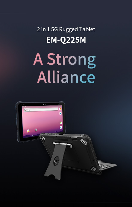 The EM-Q225M 2-in-1 5G rugged tablet shown in both tablet mode and laptop mode with its keyboard and kickstand.
