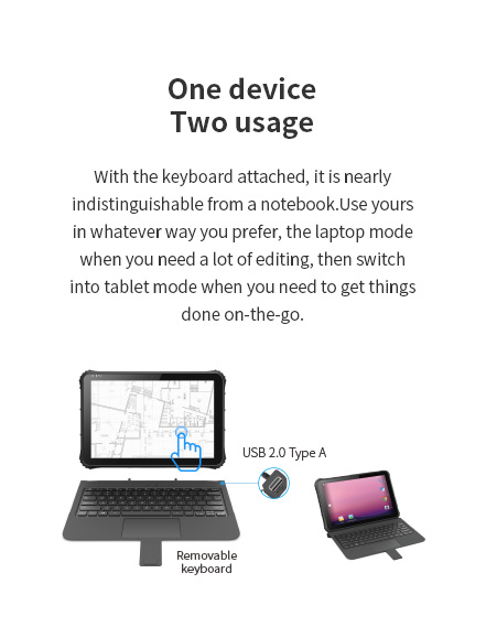 An image demonstrating the 2-in-1 usage of a rugged tablet, showing how its removable keyboard allows it to switch from laptop mode to tablet mode.