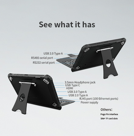 A diagram showcasing the rugged tablet's extensive I/O ports, including multiple USB types, HDMI, RJ45 Ethernet, and legacy serial ports (RS232/RS485).