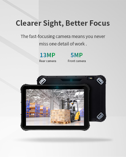 An overview of the rugged tablet's camera system, showcasing its 13MP fast-focusing rear camera and 5MP front camera for work details.