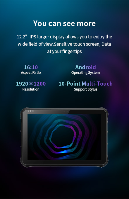 A graphic detailing the features of an Android 11 rugged tablet, including its 12.2-inch, 1920x1200 multi-touch display with stylus support.