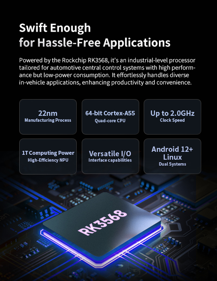Powered by the Rockchip RK3568, it's an industrial-level processor tailored for automotive central control systems.