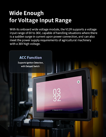 With its onboard wide voltage module, the V12R supports a voltage inputrange of 6V to 36V