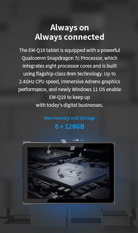 EM-Q19 tablet with Qualcomm Snapdragon 7c processor, 8nm tech, 2.4GHz CPU, Adreno graphics, Windows 11, and 8GB+128GB storage