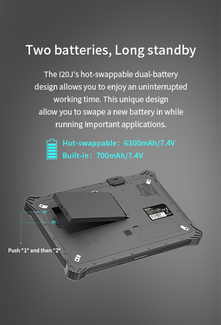 The l20J's hot-swappable dual-battery design allows youto enjoy an uninterrupted working time.