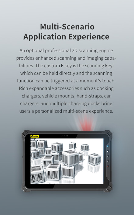 Device with 2D scanning, custom F key, expandable accessories (docking chargers, mounts), and ATEX certification.