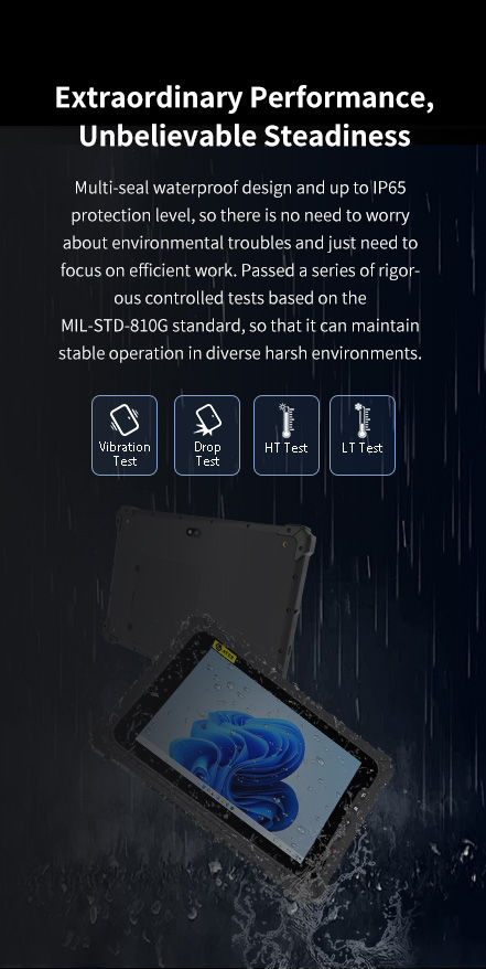 Device with IP65 waterproof design and MIL-STD-810G certification, ensuring stable performance in harsh environments for efficient work.