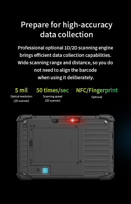 Professional optional1D/2D scanning engine brings efficient data collection capabilities.