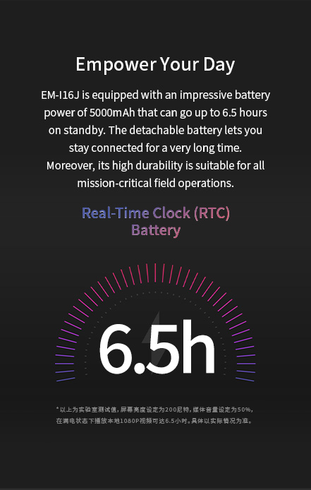 EM-116J is equipped with an impressive battery power of 5000mAh that can go up to 6.5 hours on standby.