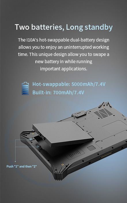 Two batteriesLong standby-The l10A's hot-swappable dual-battery design allows you toenjoy an uninterrupted working time. 
