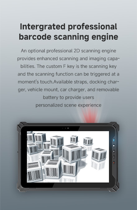 Integrated 2D barcode scanner with enhanced imaging, custom F key trigger, and optional straps, charger, mount, car charger, and removable battery for personalized use.