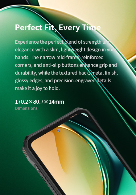 Slim, lightweight tablet with reinforced corners, anti-slip buttons, and textured back for strength and grip.