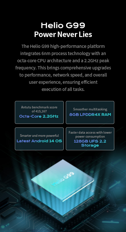 The Helio G99 high-performance platform integrates 6nm process technologywith an octa-core CPU architecture and a 2.2GHz peak frequency. 