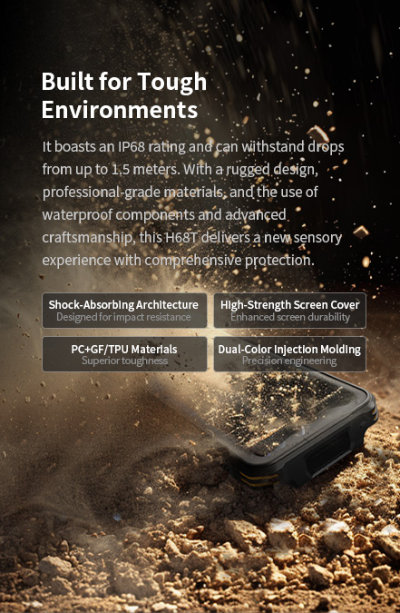 H68T with IP68 rating, drop-resistant up to 1.5m, featuring rugged design, professional materials, and waterproof components for enhanced protection.