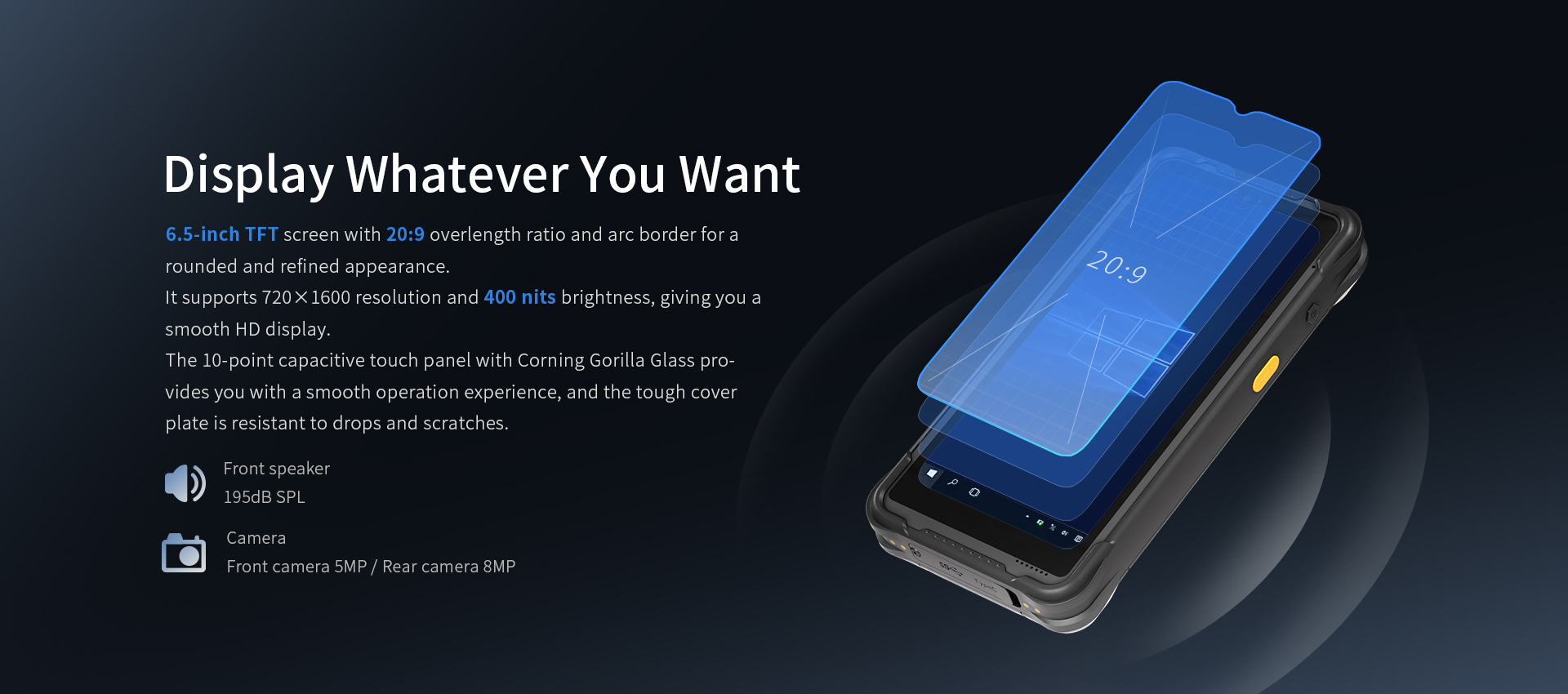 Emdoor EM-l6lJ 6.5-inch TFT screen, 720x1600, 400 nits, Gorilla Glass, drop-resistant, 10-point touch