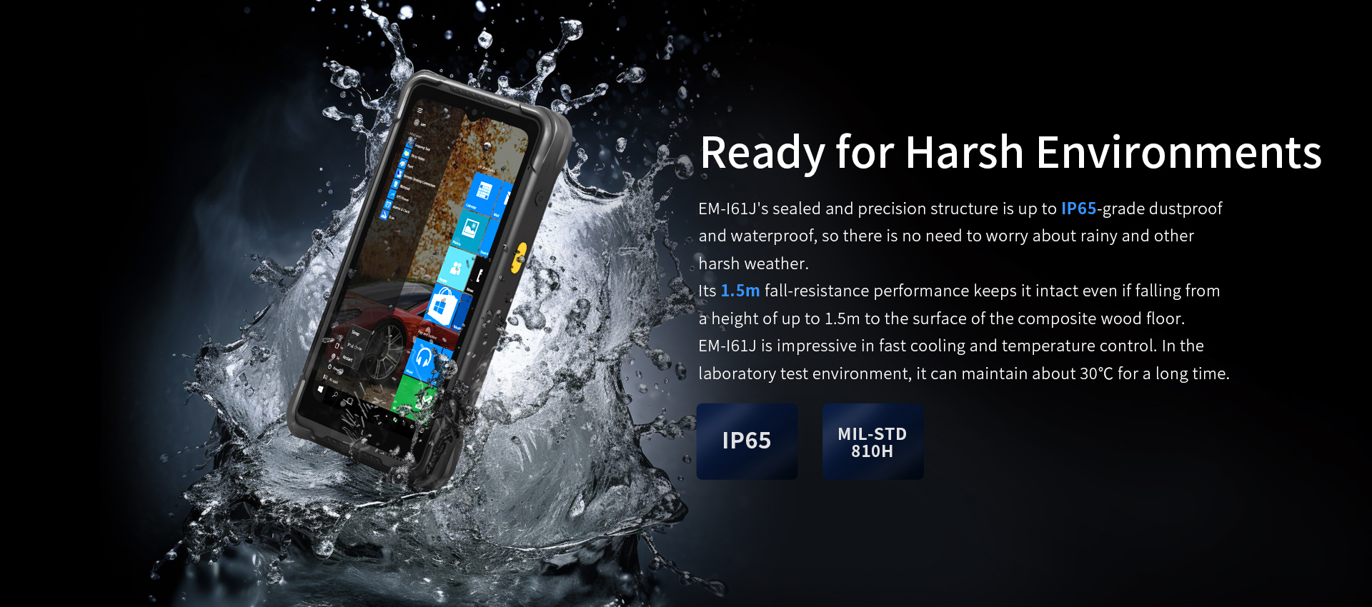 EM-161J's sealed and precision structure is up to lP65-grade dustproofand waterproof, so there is no need to worry about rainy and otherharsh weather.