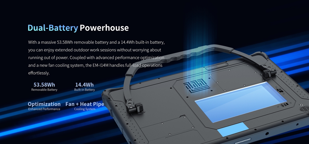 An overview of the EM-I14M tablet as a dual-battery powerhouse, showing its 53.58Wh removable battery and its fan and heat pipe cooling system.