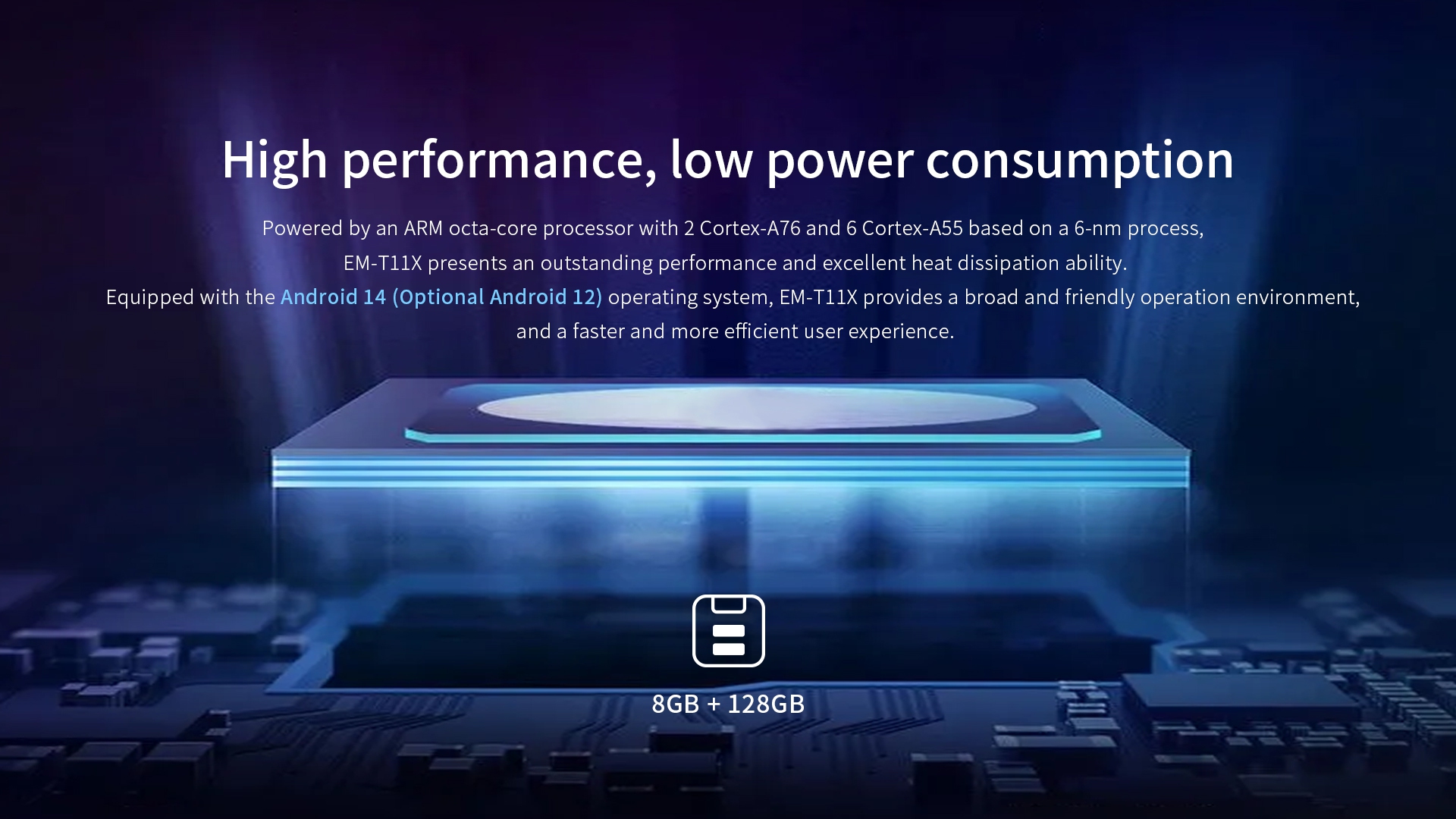 High-performance ARM octa-core (2 A76, 6 A55) 6nm processor with excellent heat dissipation, running Android 14 (optional 12) for efficient user experience.