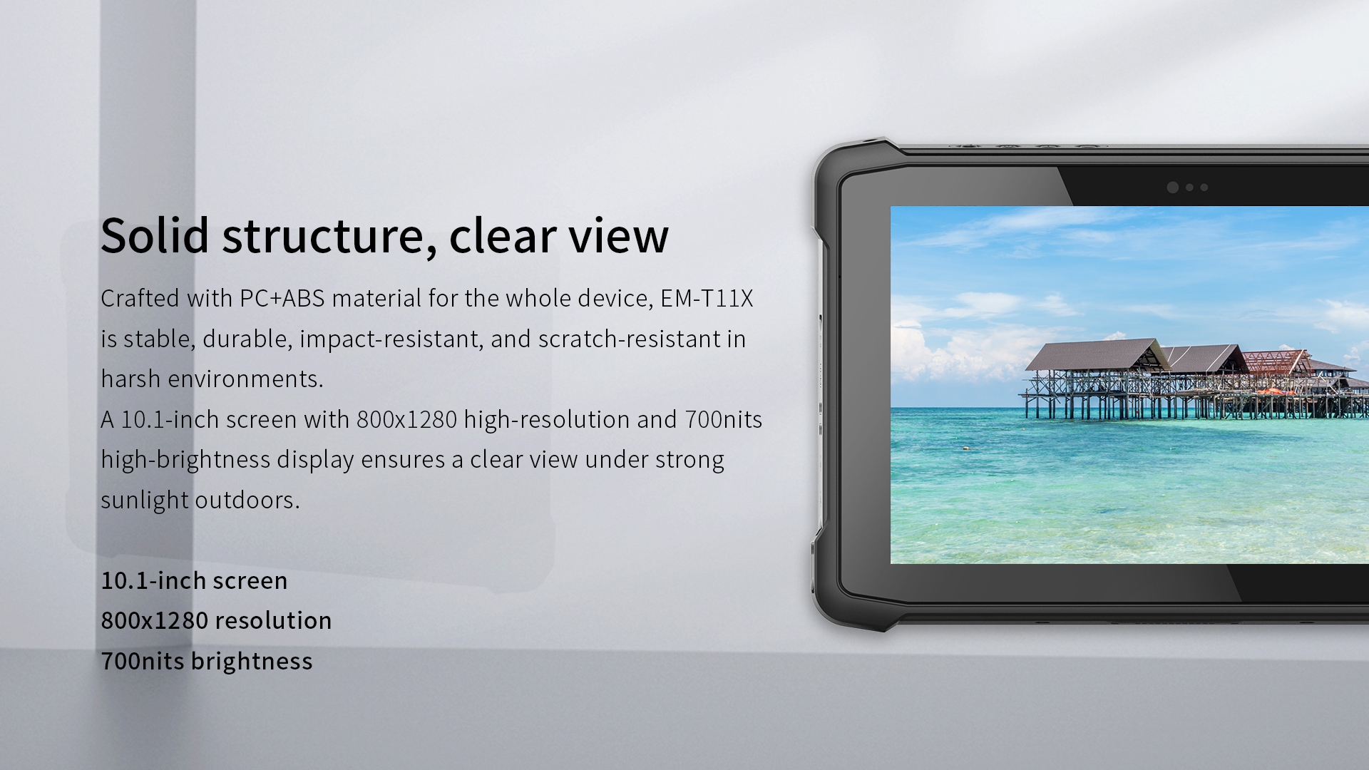 EM-T11X with durable PC+ABS body, impact/scratch-resistant, and 10.1-inch 800x1280 screen with 700nits brightness for clear outdoor viewing.