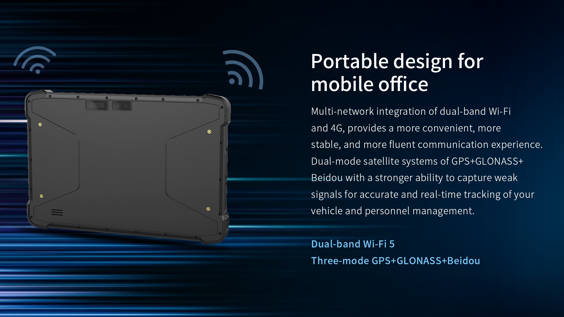 Portable design with dual-band Wi-Fi 5 and 4G for stable communication, plus GPS+GLONASS+Beidou for accurate real-time tracking.