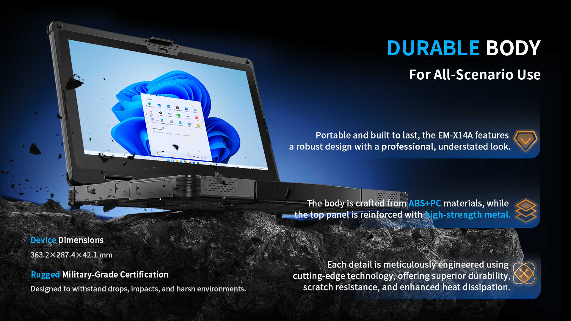 A feature graphic showcasing the durable, military-grade body of a rugged laptop designed to withstand drops, impacts, and harsh environments.