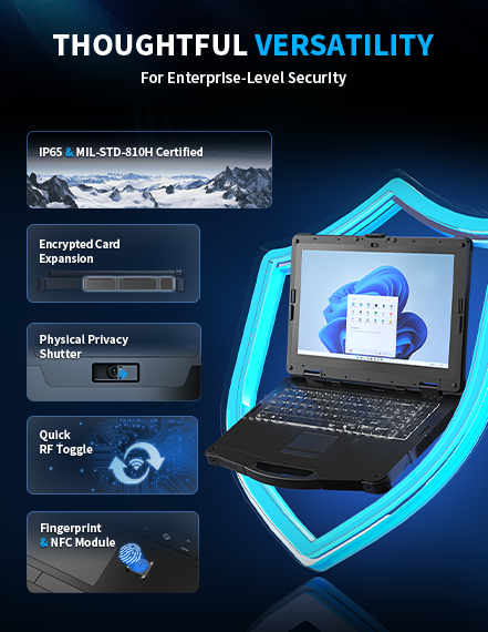 Versatile device with IP65 & MIL-STD-810H certification, encrypted card expansion, QuickRF toggle, privacy shutter, and fingerprint/NFC module for enterprise security.