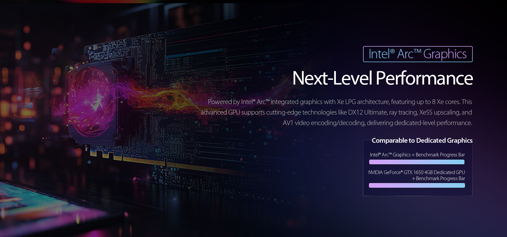 Powered by intel" Arc" integrated graphics with Xe LPG architecture, featuring up to 8 Xe cores. 