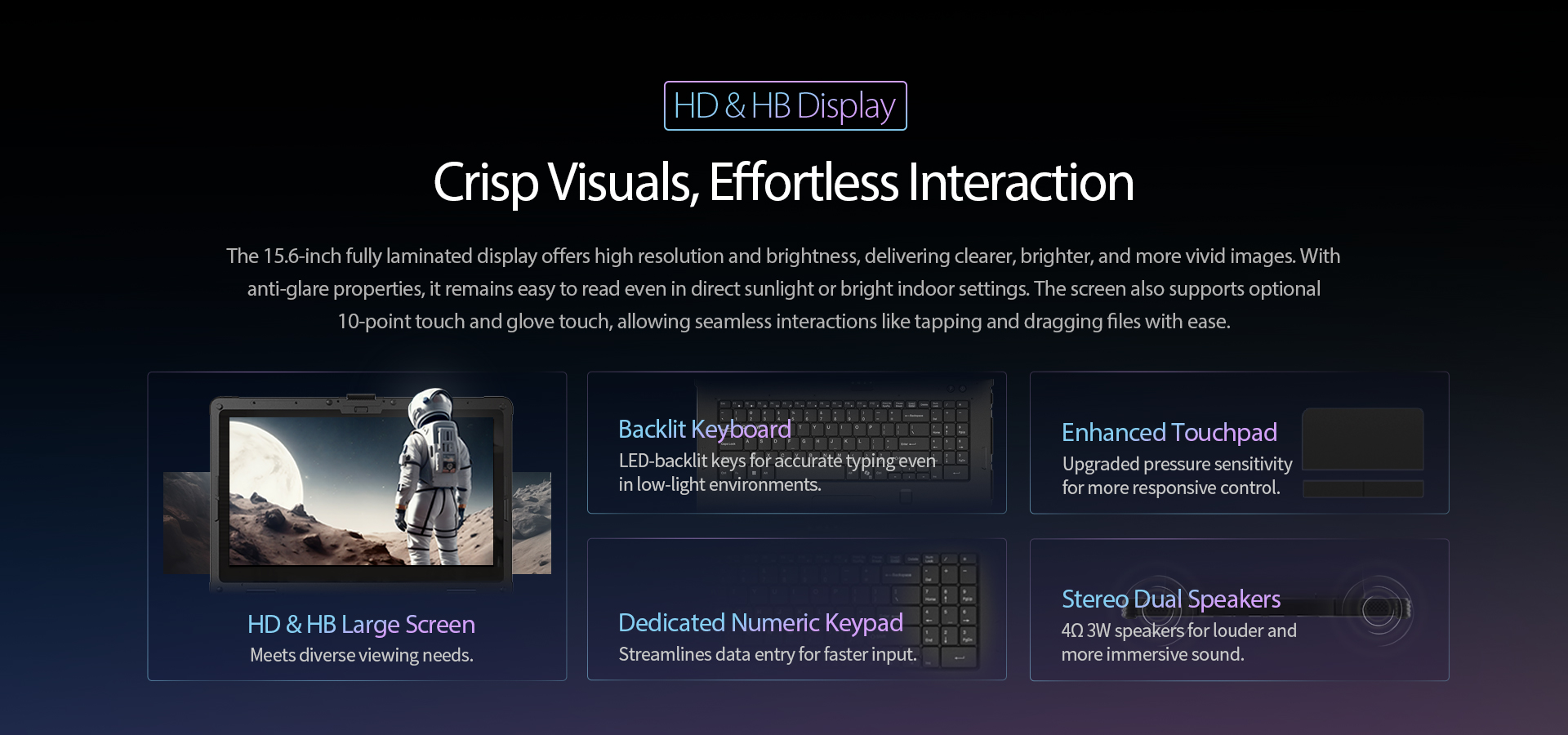 The 1 5.6-inch fully laminated display ofers high resolution and brightness, delivering clearer, brighter, and more vivid images.