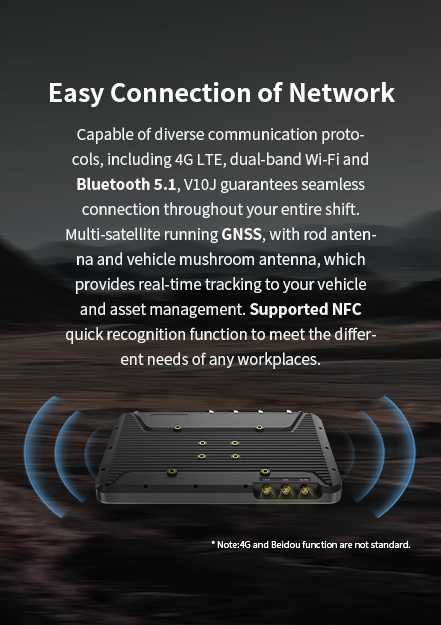 The V10J supports multiple communication protocols, including 4G, dual-band Wi-Fi, and Bluetooth 5.0. It also supports multi-satellite positioning including GPS/Glonass/Beidou.