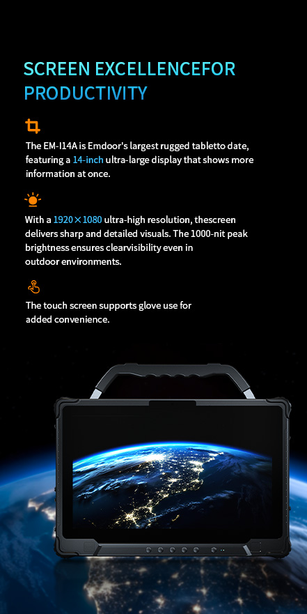 An overview of the EM-I14A rugged tablet's screen, highlighting its 14-inch size, 1000-nit sunlight-readable brightness, and glove-compatible touch panel.