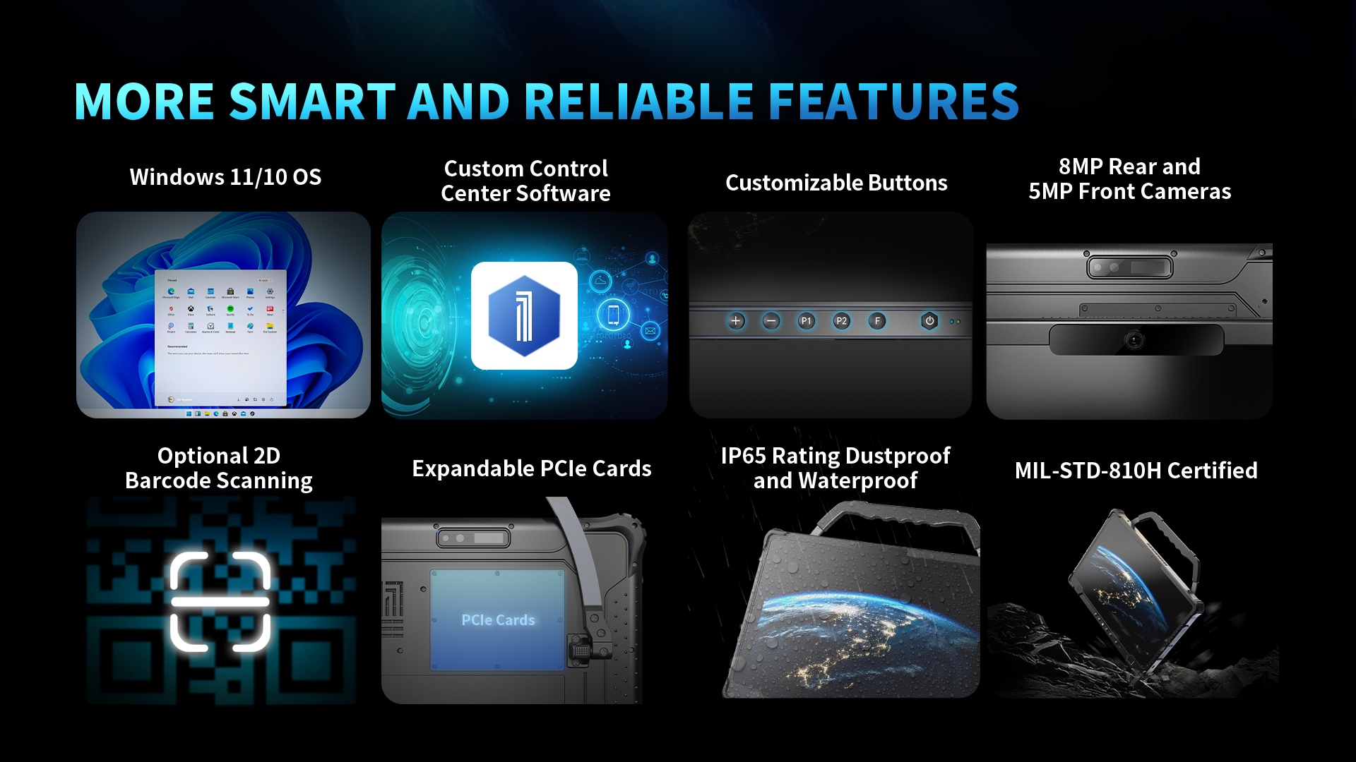 A feature summary of the rugged tablet, showcasing its Windows OS, customizable buttons, optional barcode scanner, and its IP65 and MIL-STD-810H rugged certifications.