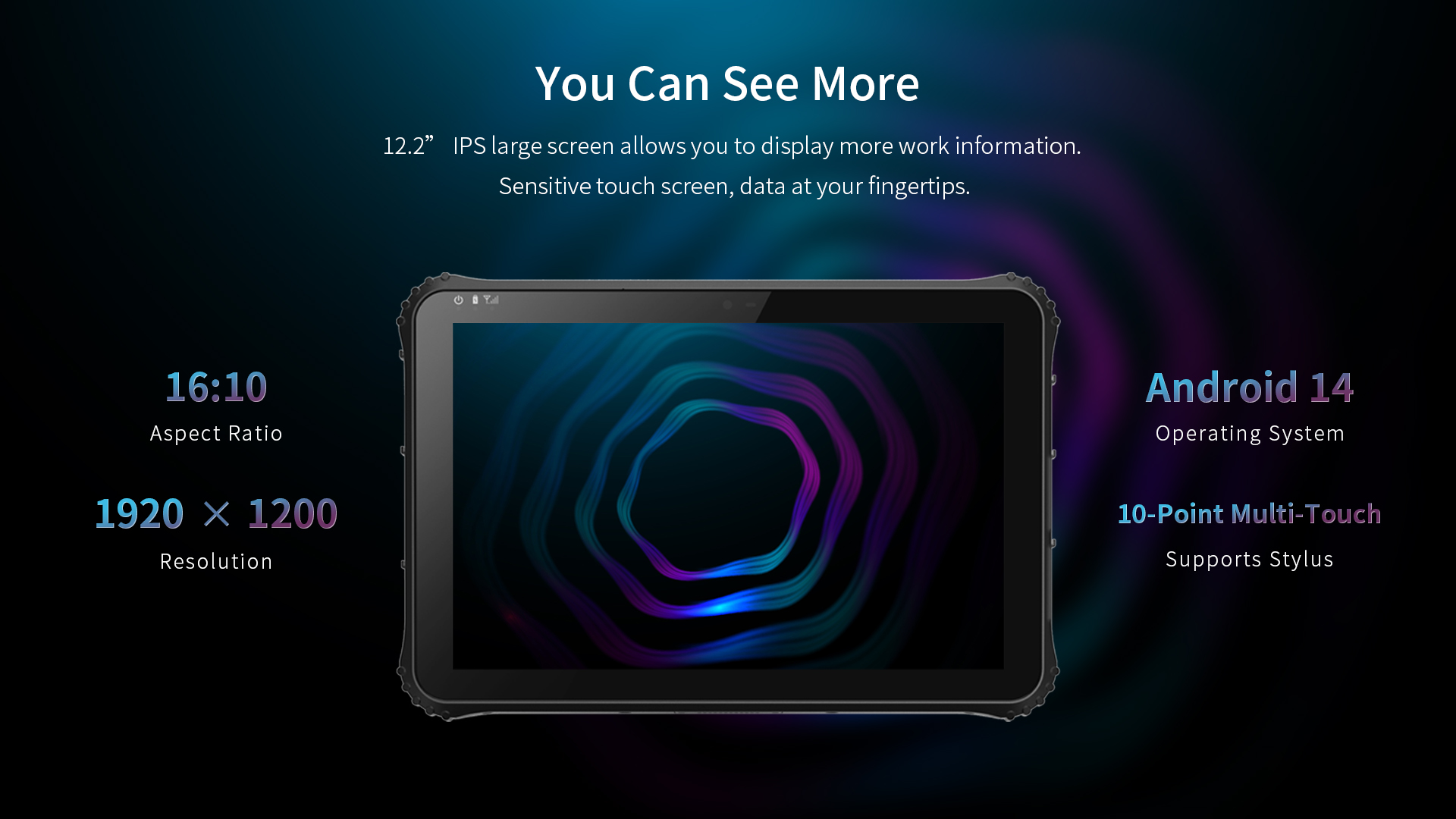 A graphic detailing the features of an Android 14 rugged tablet, including its 12.2-inch, 1920x1200 multi-touch display with stylus support.