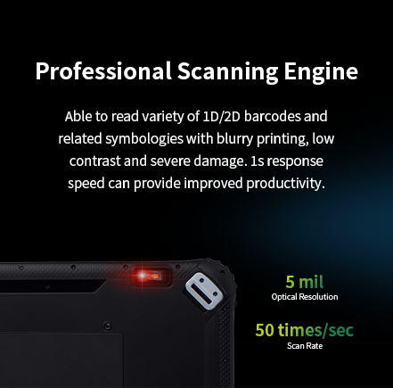 A close-up of the tablet's professional scanning engine, highlighting its ability to read 1D/2D barcodes and its 50 times/sec scan rate.
