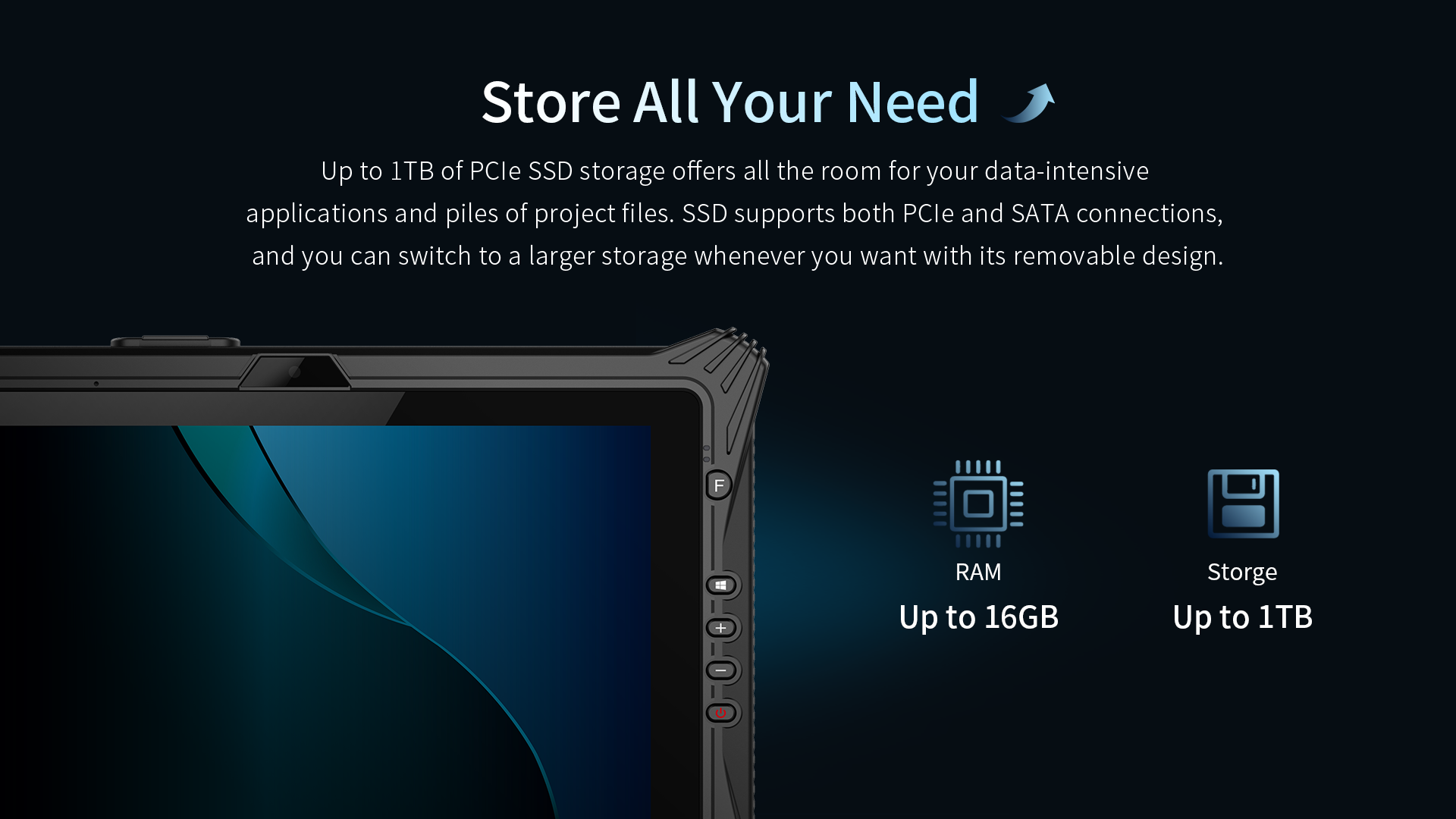 Up to lTB of PCle SSD storage offers all the room for your data-intensiveapplications and piles of project files.