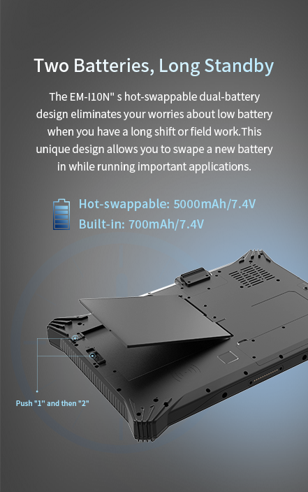 The EM-|10N's hot-swappable dual-battery design eliminates yourworries about low battery when you have a long shift or field work.